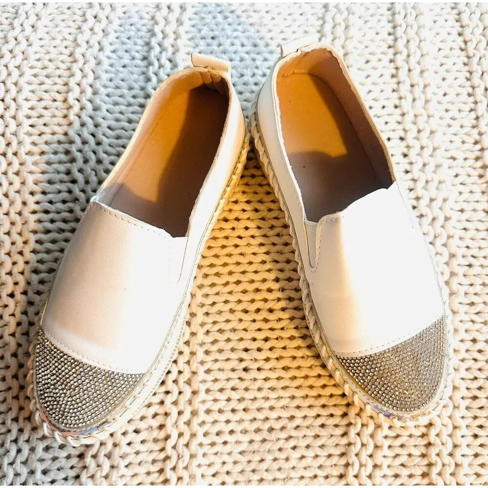 NEW Espadrilles platform Streetwear Slip on White Leather Upper Loafers 6.5/37